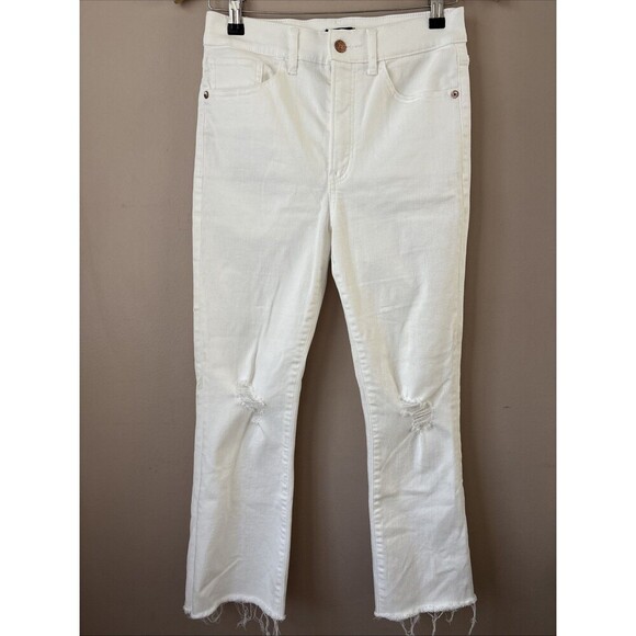 Express Women’s White High Rise Cropped Flare Jeans Size 6R Distressed Denim - Picture 1 of 8